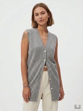 GO CASHMERE 100% Cashmere Button-Up Sweater Vest - Grey Size Large
